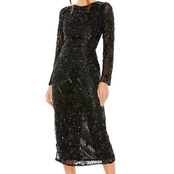 Mac Duggal Black Sequin Beaded Long Sleeve Cocktail Midi Dress - Picture 1 of 3
